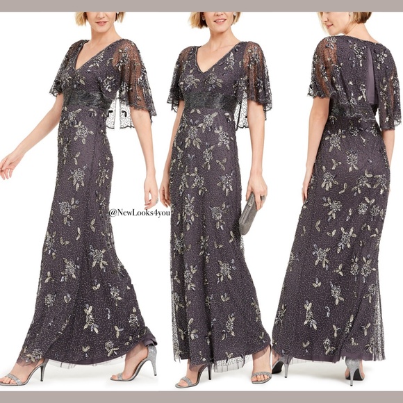 NWT Adrianna Papell Floral Beaded Mermaid‎ Capelet Gown in Gunmetal [SZ 2 ] - Picture 2 of 13